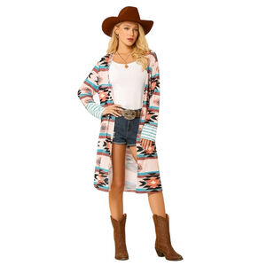 Western Boho Duster Cardigan Multicolor Aztec Southwestern Tribal Print Size 14